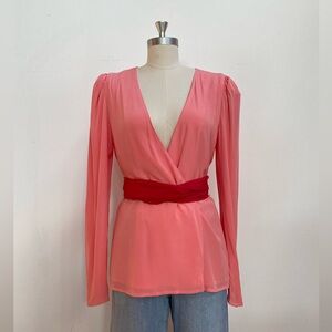 Friends + Lovers Emmett pink blouse with red waist tie